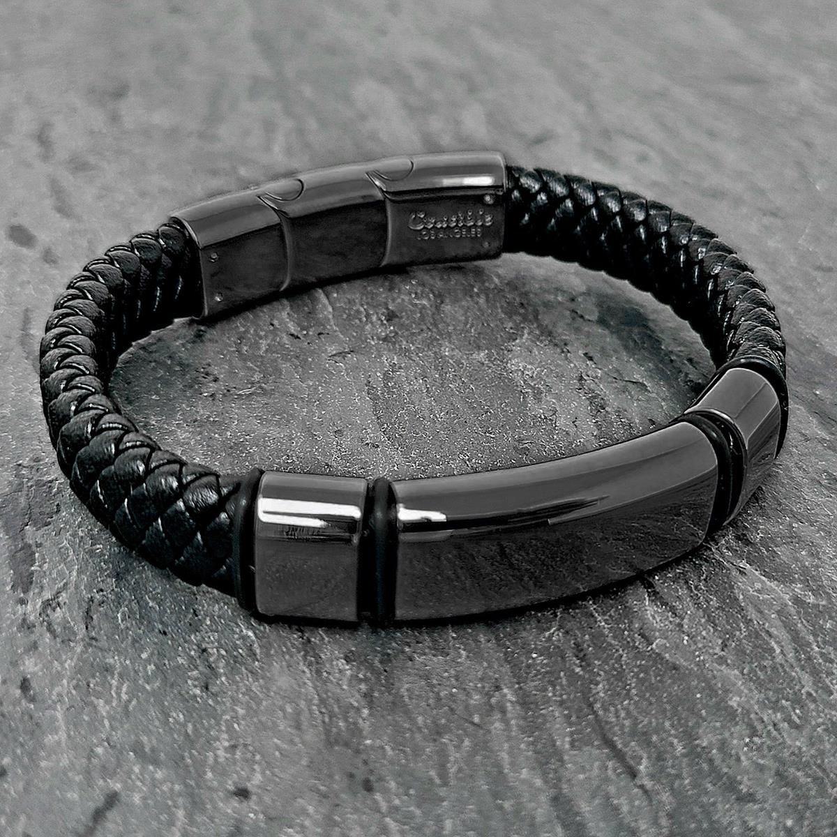 Men's Engravable Steel Plate Black Leather Bracelet