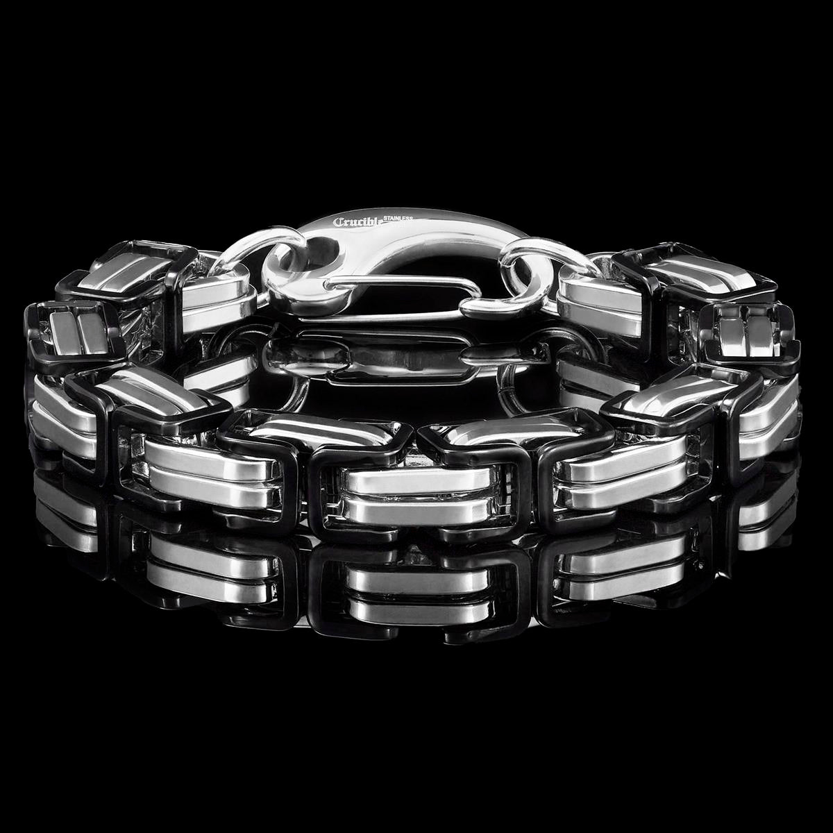 Crucible Jewelry Black/White Stainless Steel Byzantine Chain Bracelet 11mm Wide