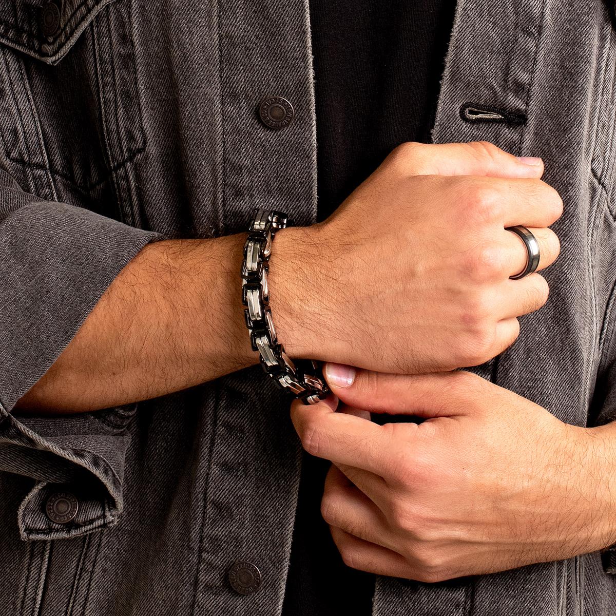 Men's Byzantine Chain Black/Silver Plated Steel Bracelet (11mm Wide)