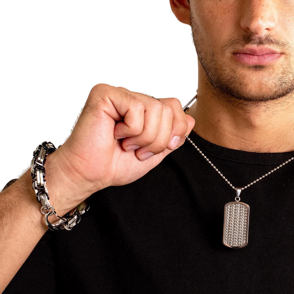 Men's Byzantine Chain Black/Silver Plated Steel Bracelet (11mm Wide)