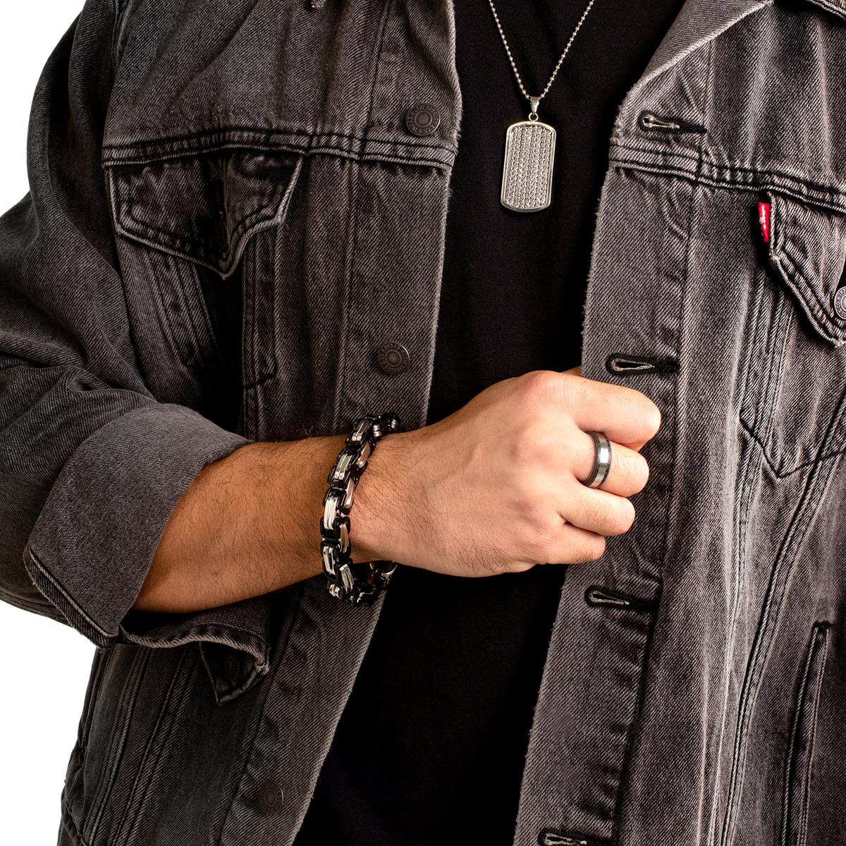 Men's Byzantine Chain Black/Silver Plated Steel Bracelet (11mm Wide)
