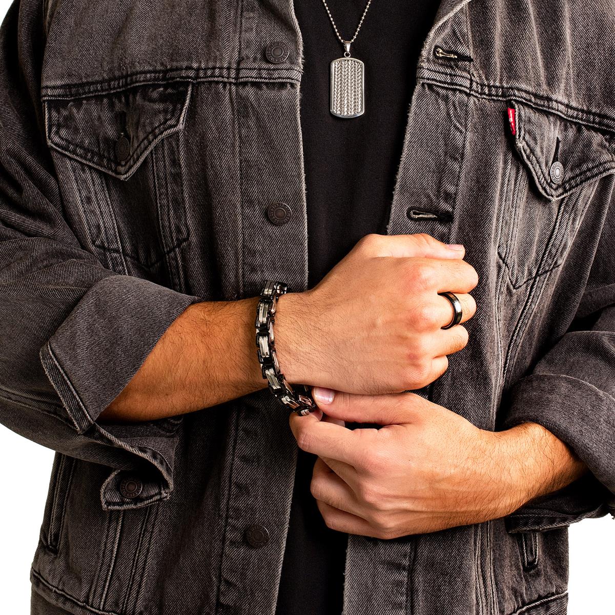 Men's Byzantine Chain Black/Silver Plated Steel Bracelet (11mm Wide)