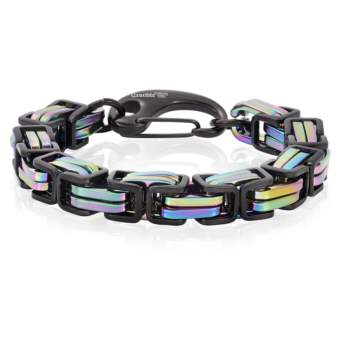 Crucible Jewelry Black/Iridescent Stainless Steel Byzantine Chain Bracelet 11mm Wide