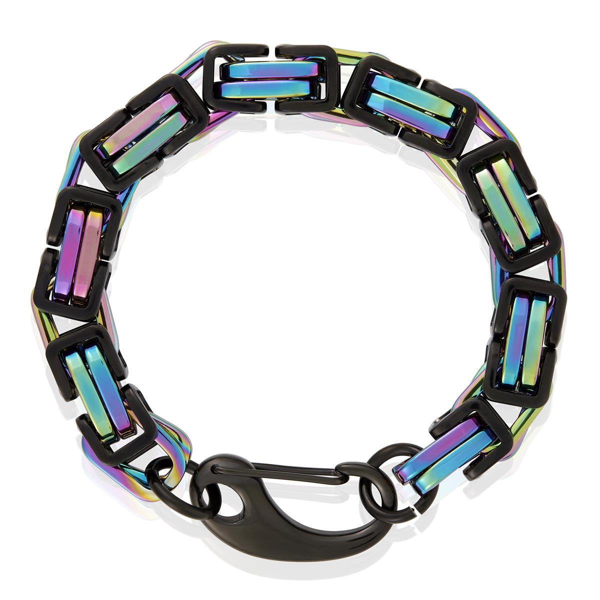Crucible Jewelry Black/Iridescent Stainless Steel Byzantine Chain Bracelet 11mm Wide
