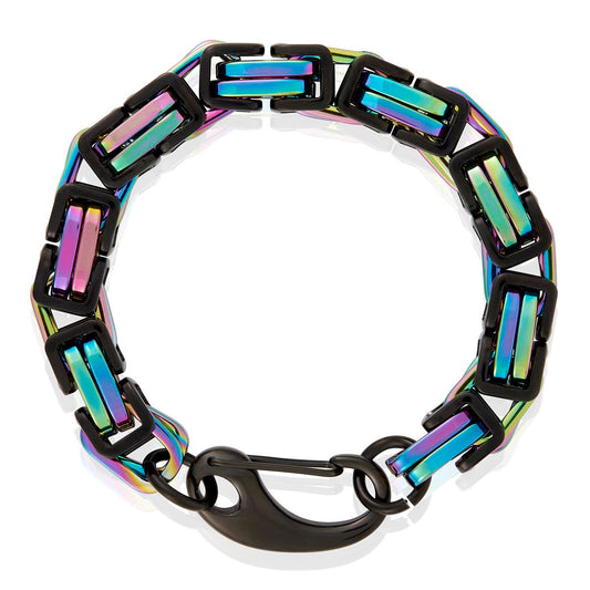 Crucible Jewelry Black/Iridescent Stainless Steel Byzantine Chain Bracelet 11mm Wide