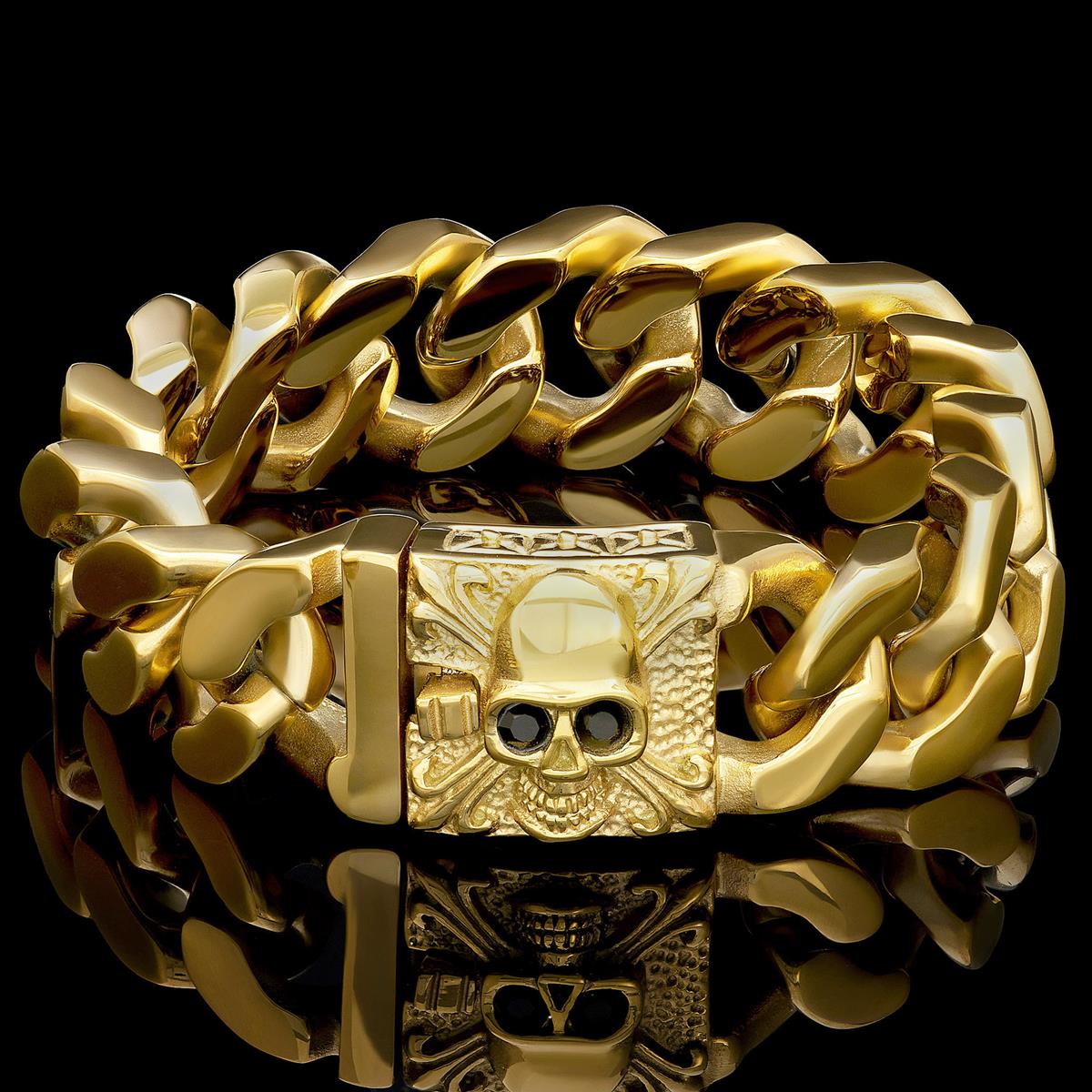 Crucible Jewelry Gold Plated Stainless Steel Skull With Black CZ Eyes