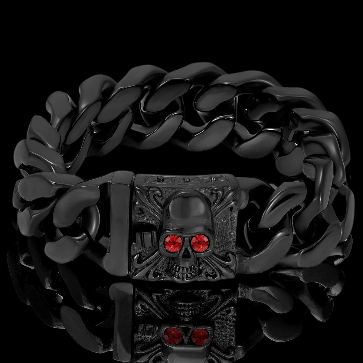 Crucible Jewelry Black Plated Stainless Steel Skull With Red CZ Eyes