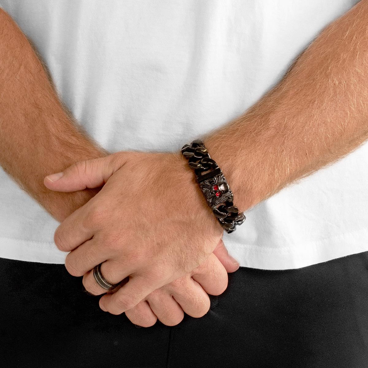 Men's Red Cubic Zirconia Eyes Skull Clasp Black Plated Steel Curb Bracelet