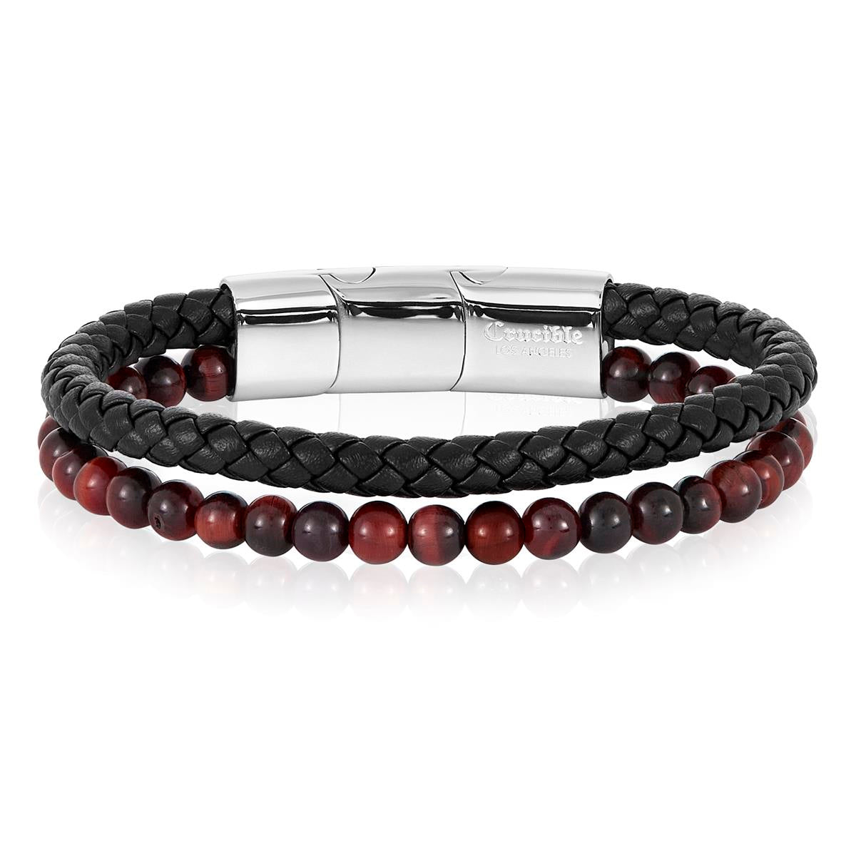 Men's Red Tiger Eye Stone Bead and Leather Bracelet - 8.25" + 0.5" Ext