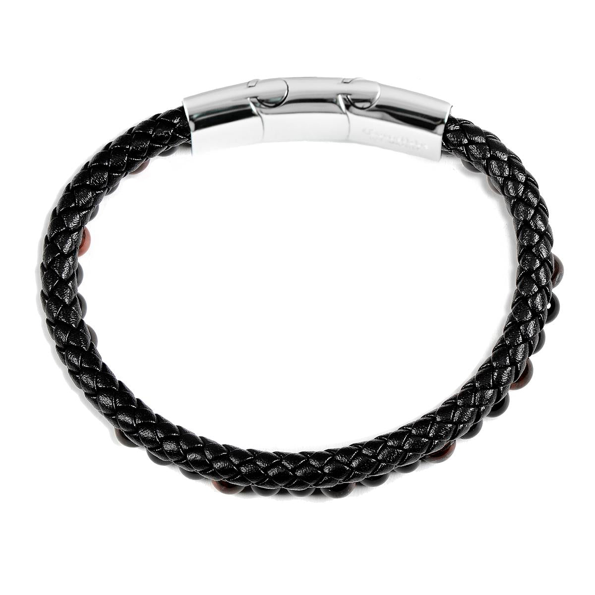 Men's Red Tiger Eye Stone Bead and Leather Bracelet - 8.25" + 0.5" Ext