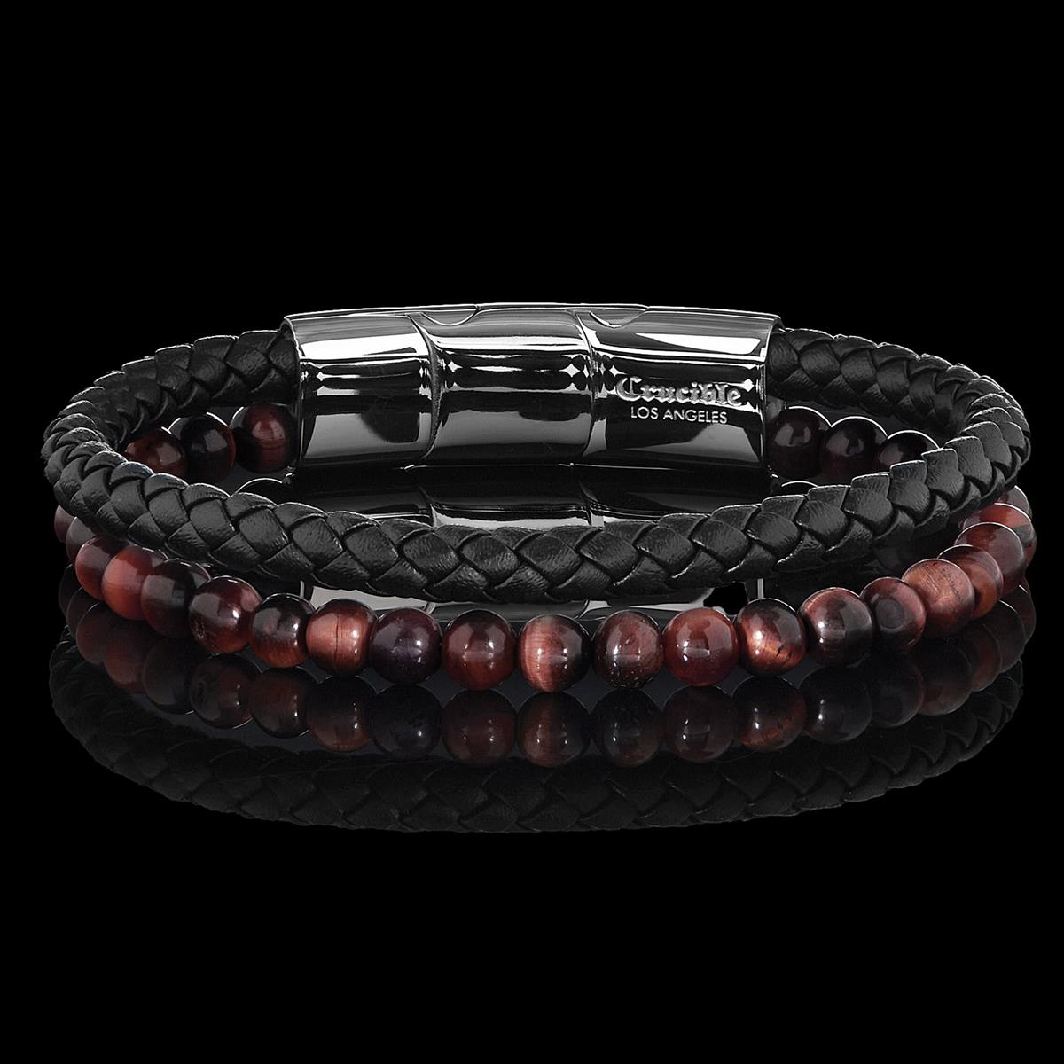 Men's Red Tiger Eye Stone Bead and Leather Bracelet - 8.25" + 0.5" Ext