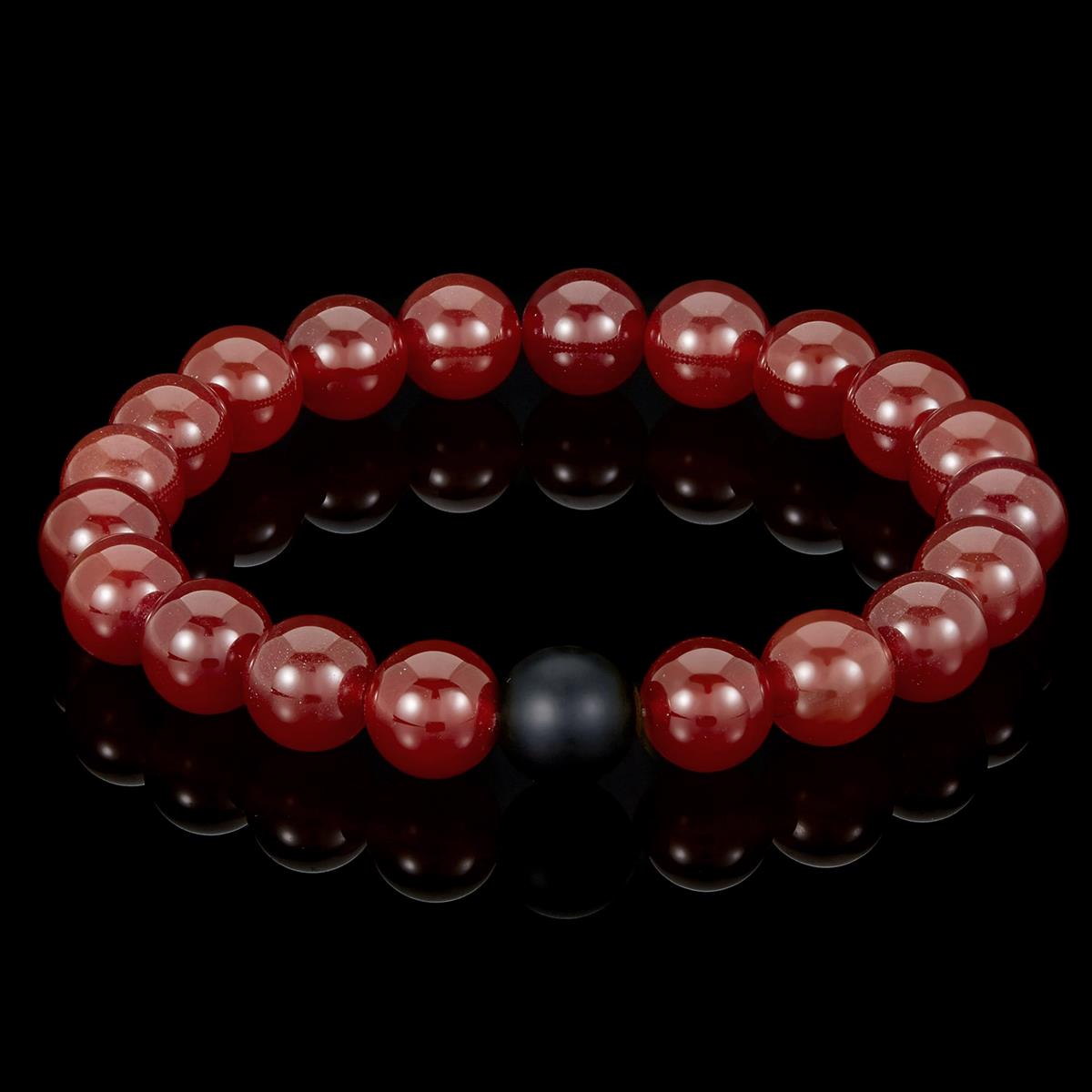 Polished Red Agate and Black Matte Onyx 10mm Natural Stone Bead Stretch Bracelet
