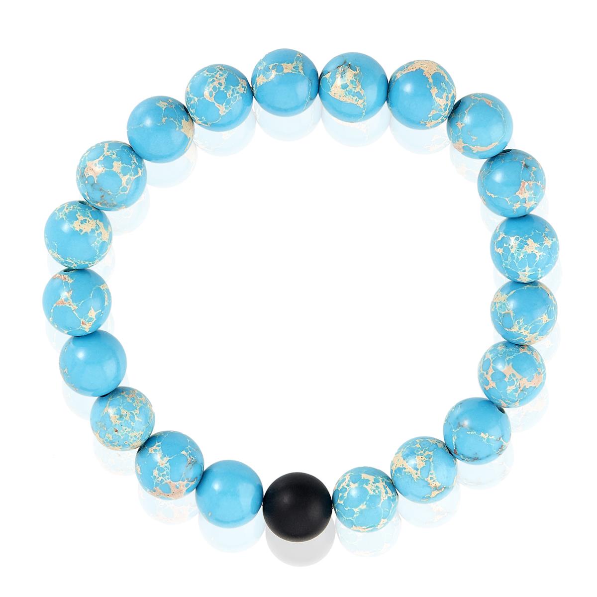Polished Turquoise Imperial Jasper and Black Matte Onyx 10mm Natural Stone Bead Stretch Bracelet