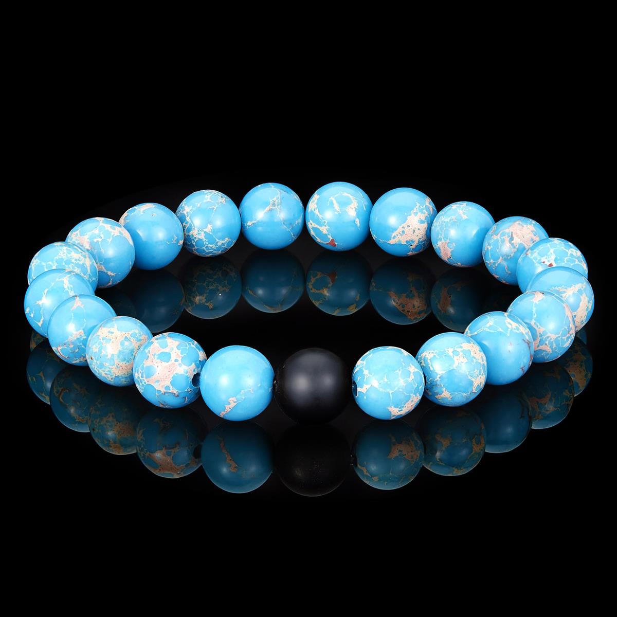 Polished Turquoise Imperial Jasper and Black Matte Onyx 10mm Natural Stone Bead Stretch Bracelet