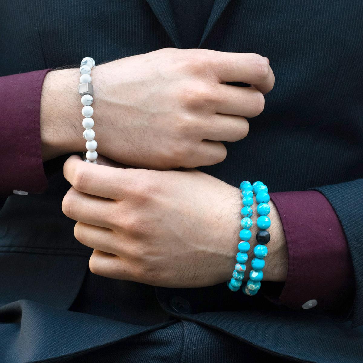 Polished Turquoise Imperial Jasper and Black Matte Onyx 10mm Natural Stone Bead Stretch Bracelet