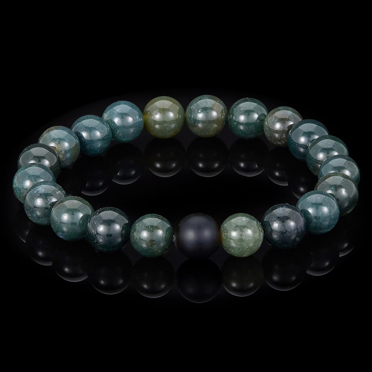 Crucible Jewelry Polished Moss Agate and Black Matte Onyx 10mm Natural Stone Bead Stretch Bracelet