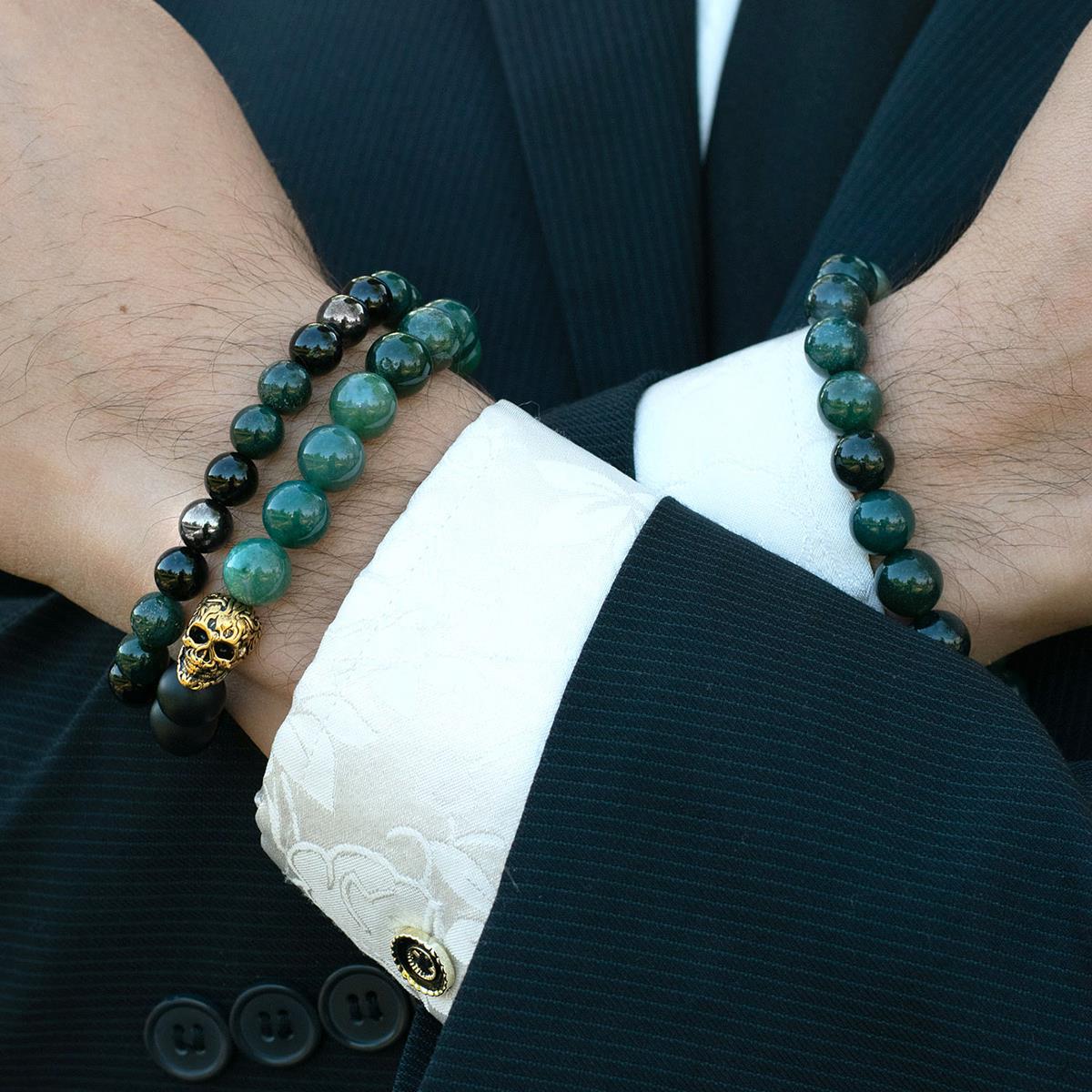 Crucible Jewelry Polished Moss Agate and Black Matte Onyx 10mm Natural Stone Bead Stretch Bracelet