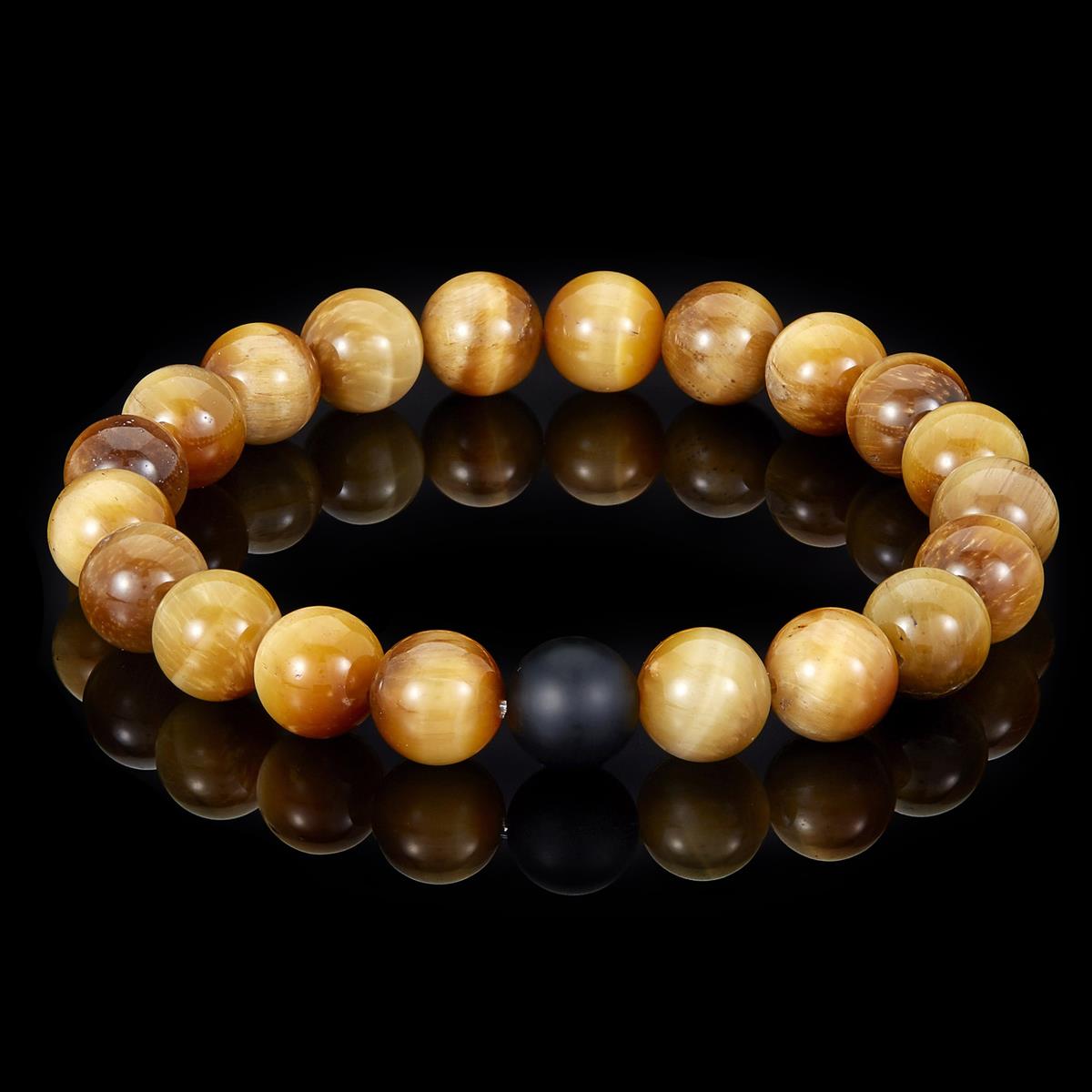 Polished Gold Tiger Eye and Black Matte Onyx 10mm Natural Stone Bead Stretch Bracelet