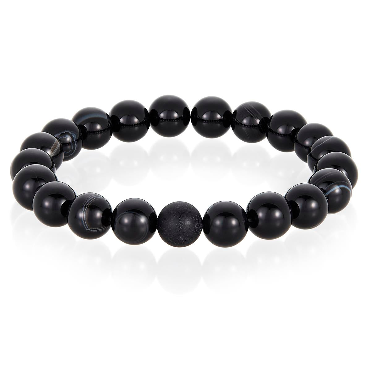 Crucible Jewelry Polished Black Banded Agate and Black Matte Onyx 10mm Natural Stone Bead Stretch Bracelet