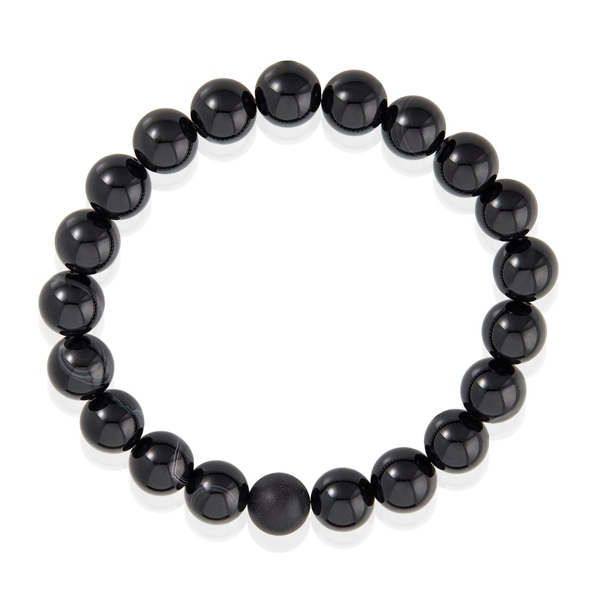 Crucible Jewelry Polished Black Banded Agate and Black Matte Onyx 10mm Natural Stone Bead Stretch Bracelet
