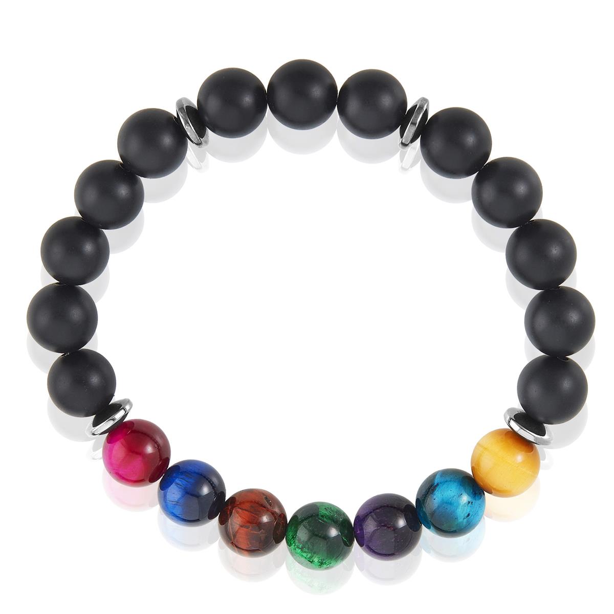 Men's Multi-Tiger Eye and Matte Onyx Bead Stretch Bracelet (10mm)