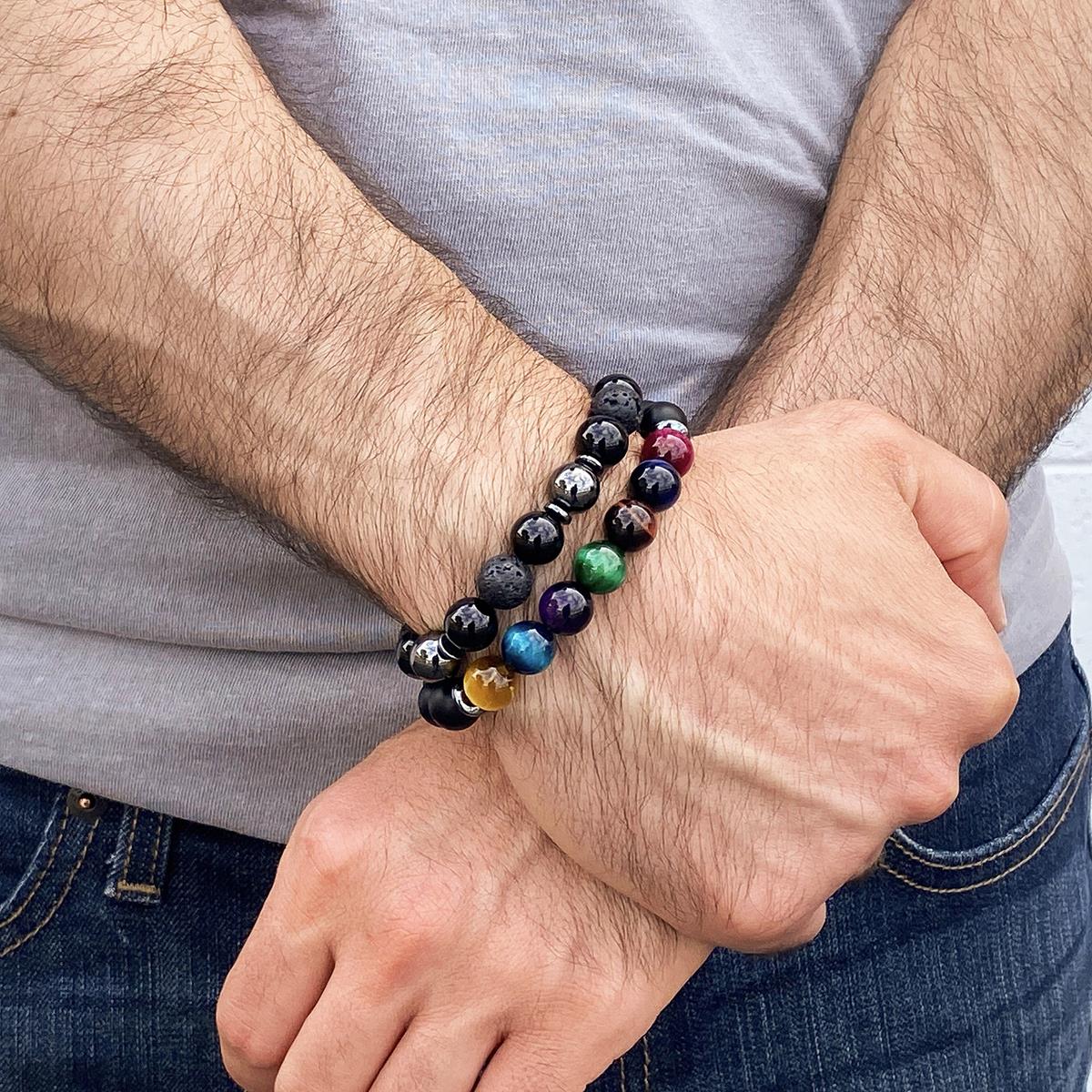 Men's Multi-Tiger Eye and Matte Onyx Bead Stretch Bracelet (10mm)