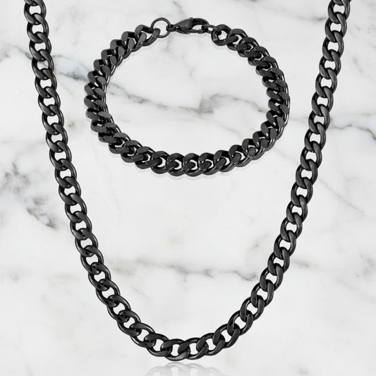 Men's Bracelet and Necklace Black Plated Steel Curb Chain Set