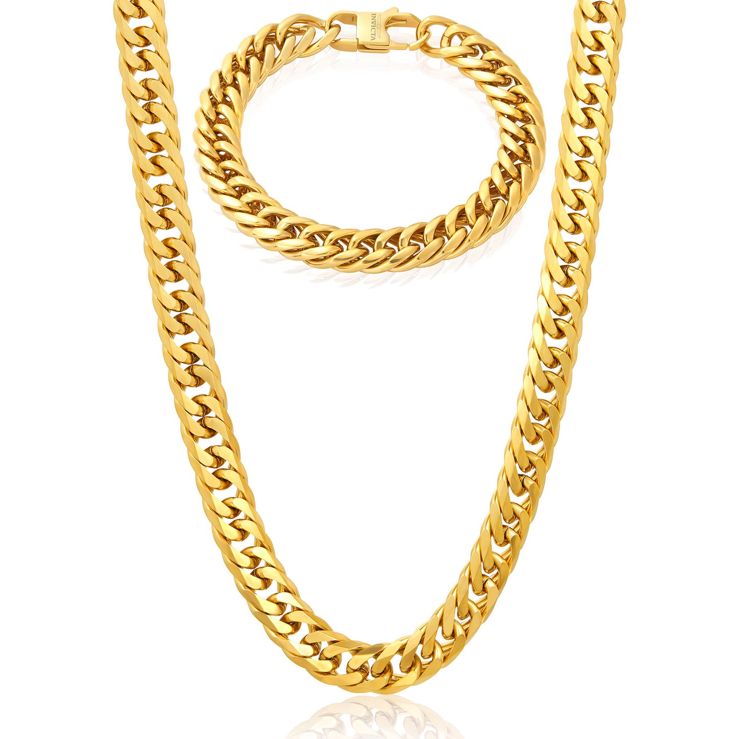 Invicta Jewelry Men's Double Curb Chain Gold Bracelet and Necklace Set