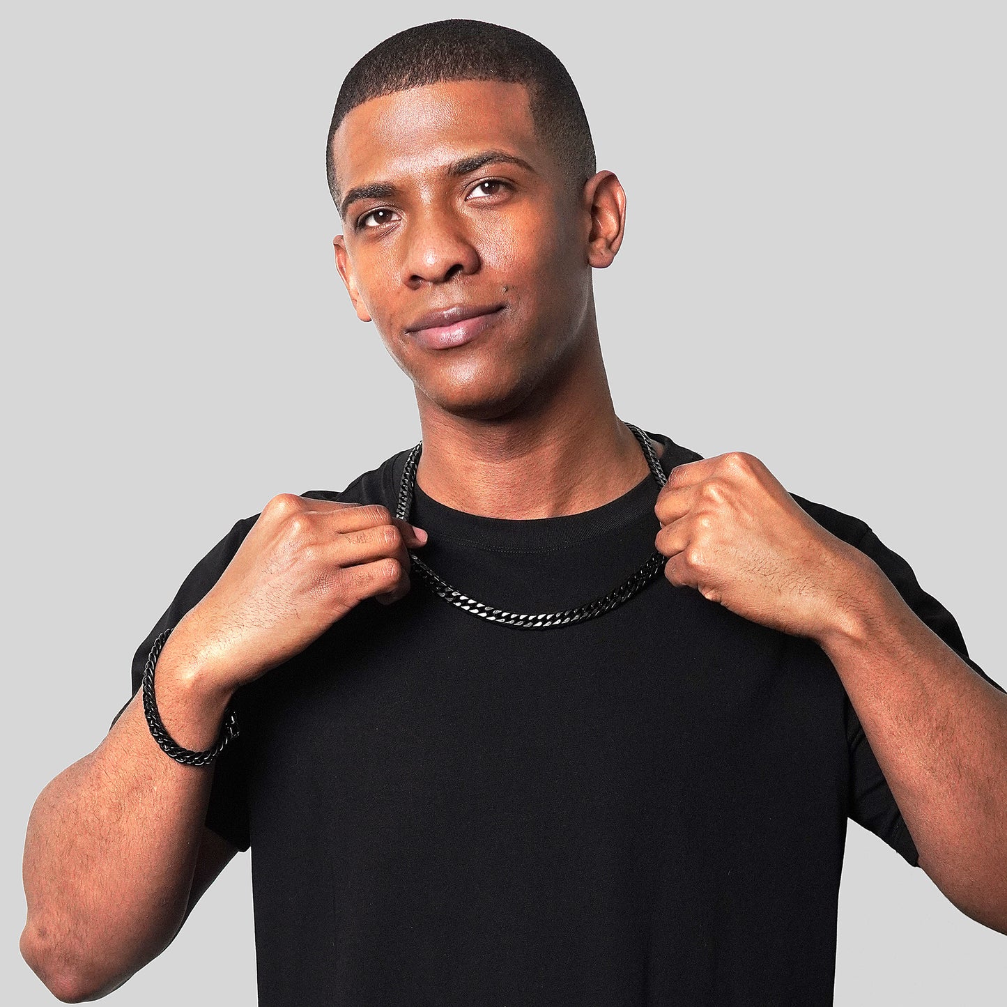 Invicta Jewelry Men's Double Curb Chain Black Bracelet and Necklace Set