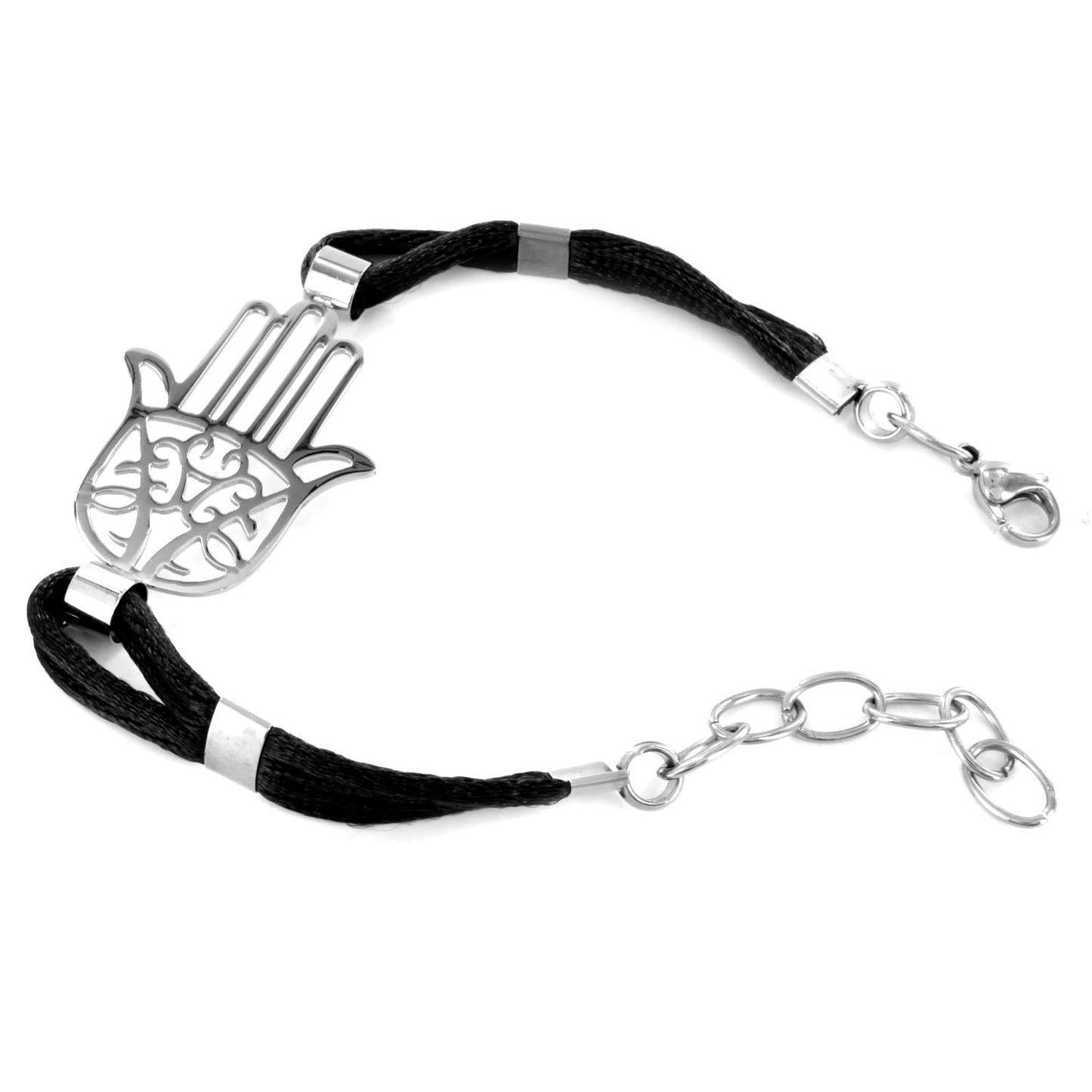 Polished Hamsa Blue Cotton Cord Stainless Steel Bracelet (23 mm) - 7"