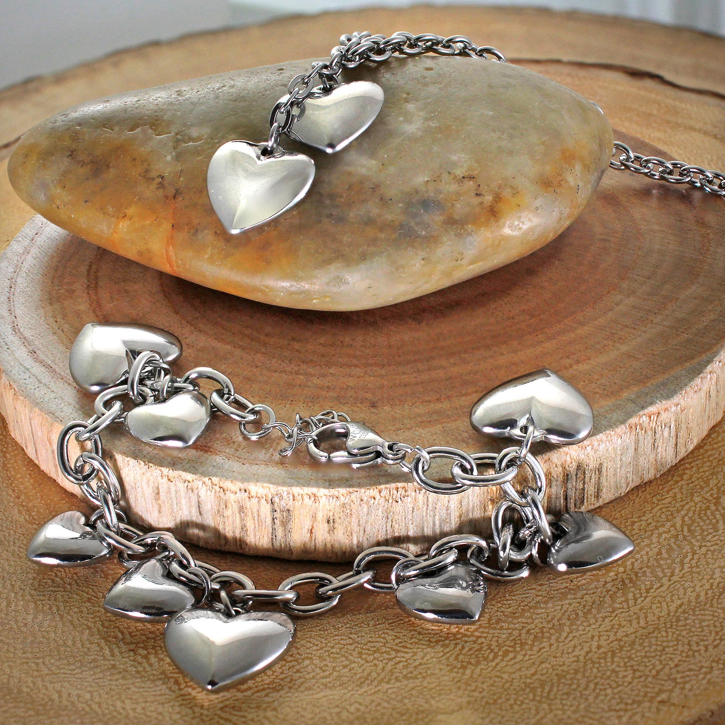 ELYA Women's Polished Heart Charm Dangle Stainless Steel Bracelet