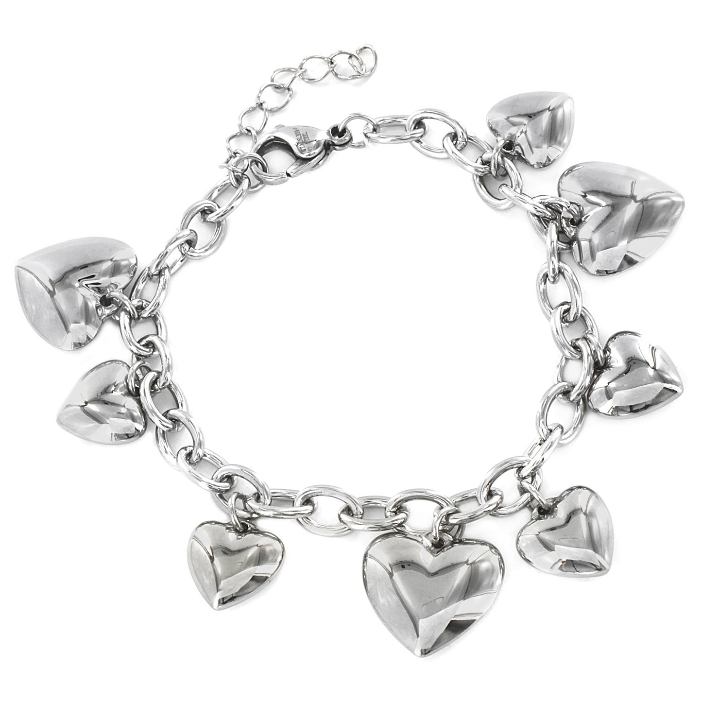 Women's Polished Dangling Puffed Hearts Stainless Steel Bracelet and Necklace Set
