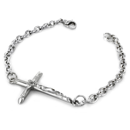 ELYA Women's Polished Large Sideways Crucifix Cross Chain Stainless Steel Bracelet