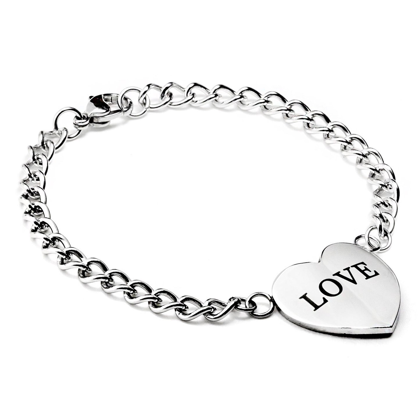 ELYA Polished Engraved "Love" Heart Chain Stainless Steel Bracelet (20 mm) - 7"