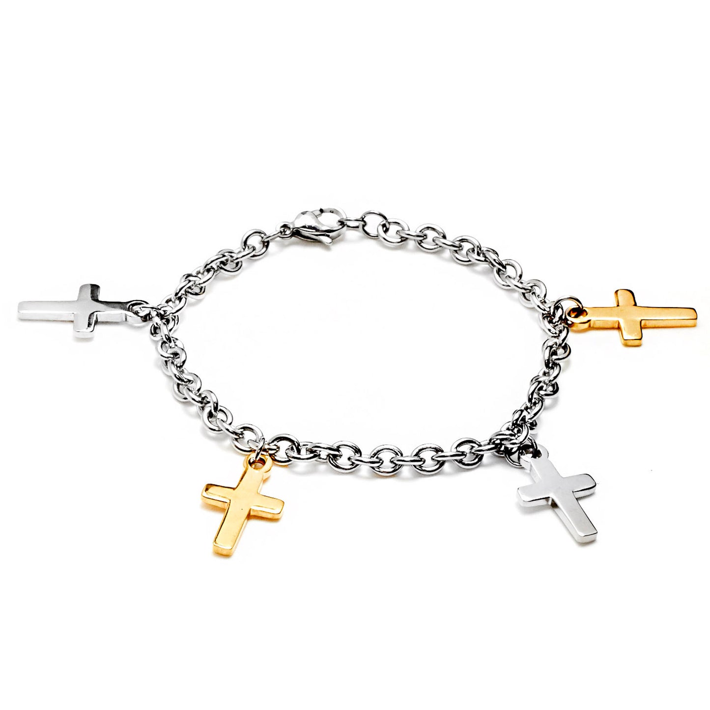 ELYA Polished Dangling Cross Charms Stainless Steel Bracelet - 7.5"