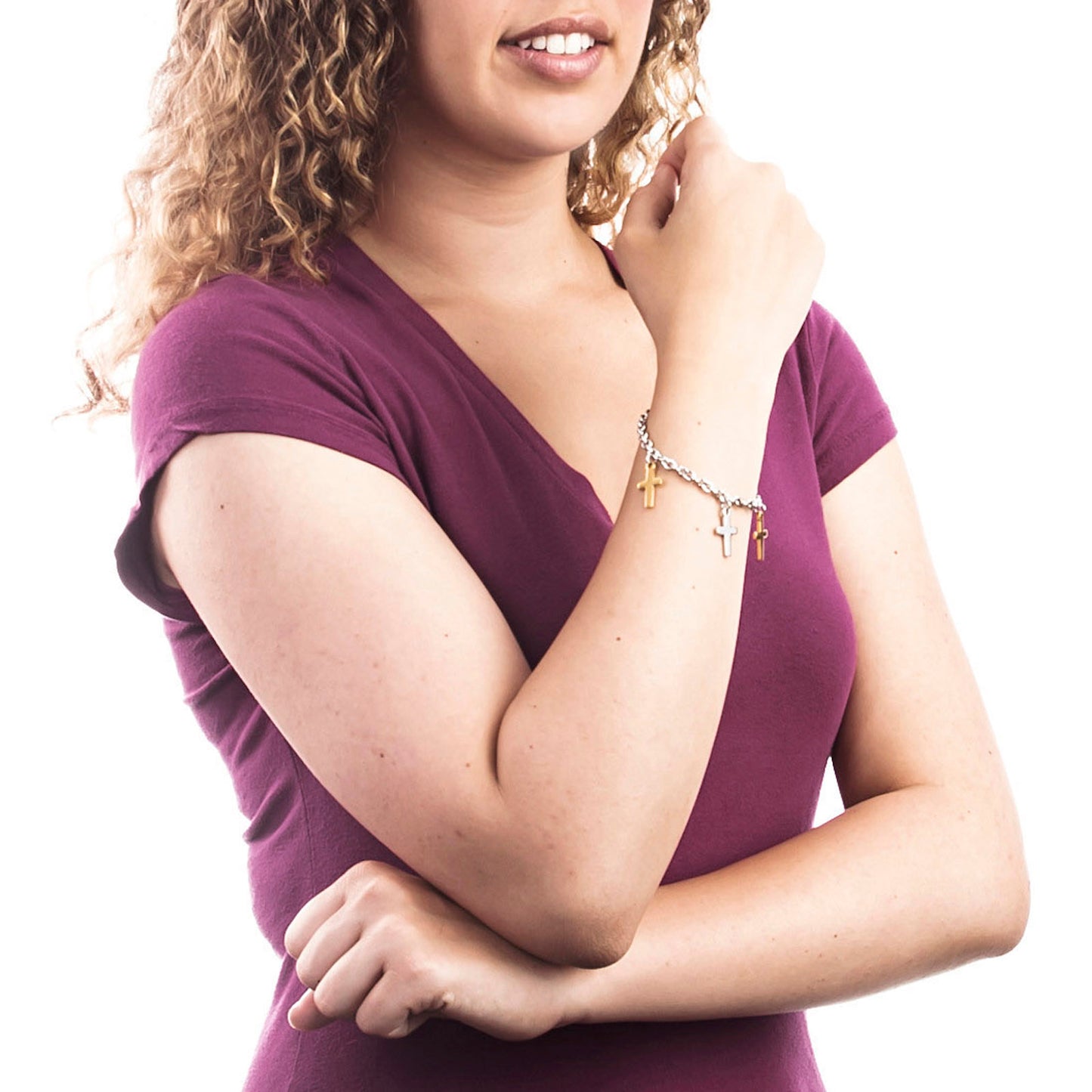 ELYA Polished Dangling Cross Charms Stainless Steel Bracelet - 7.5"