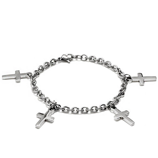 ELYA Polished Dangling Cross Charms Stainless Steel Bracelet - 7.5"