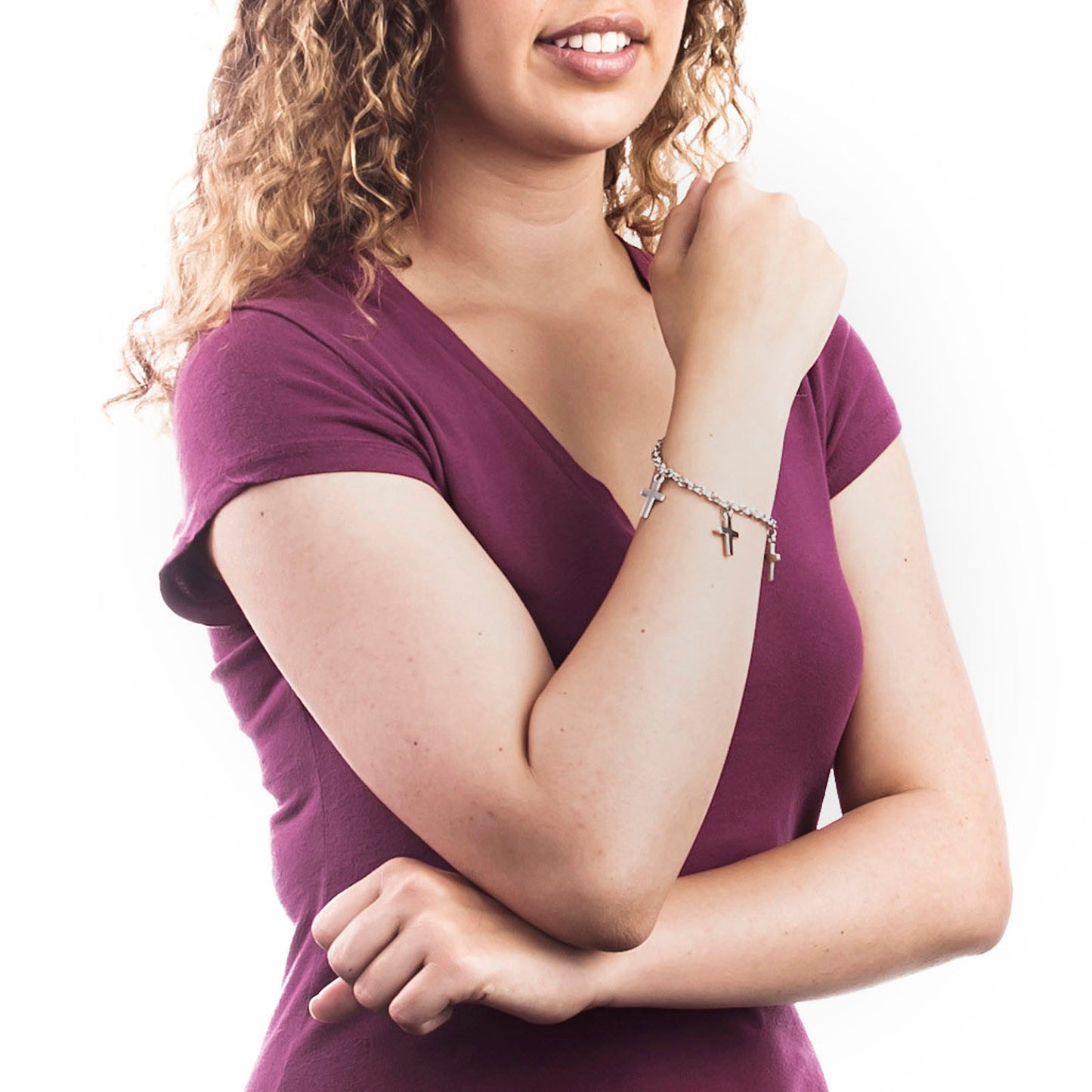 ELYA Polished Dangling Cross Charms Stainless Steel Bracelet - 7.5"