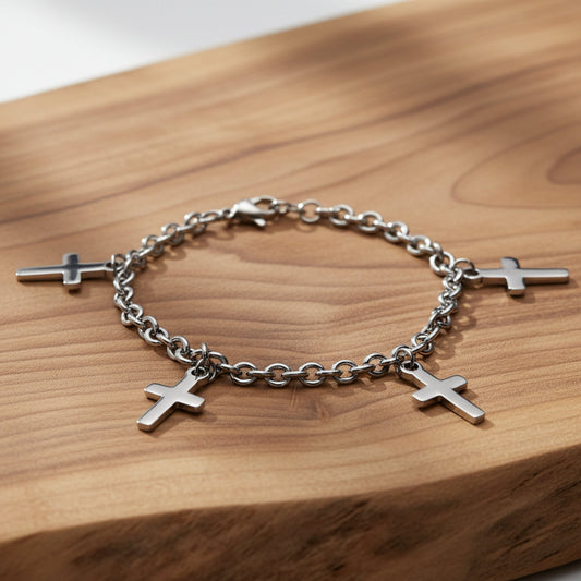 ELYA Polished Dangling Cross Charms Stainless Steel Bracelet - 7.5"