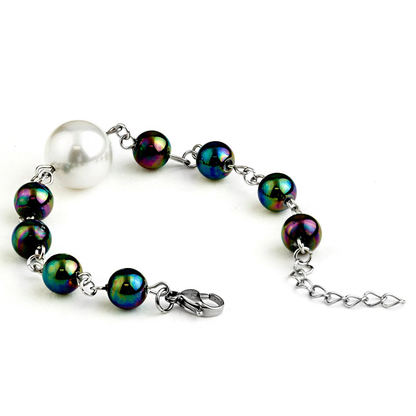 ELYA White Shell and Multicolor Glass Bead Steel Bracelet - 7"