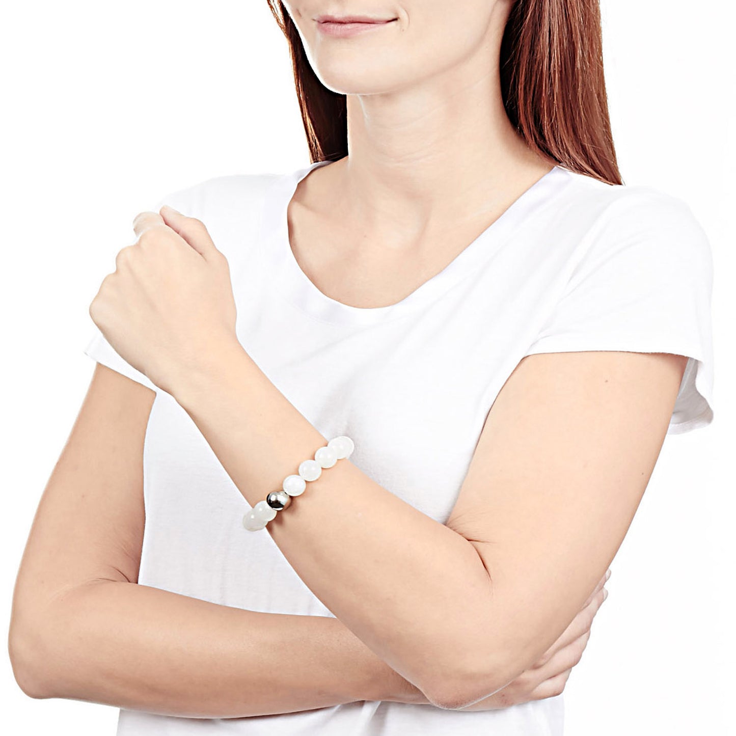 ELYA Colored Dyed Jade and Stainless Steel Bead Stretch Bracelet (12mm)