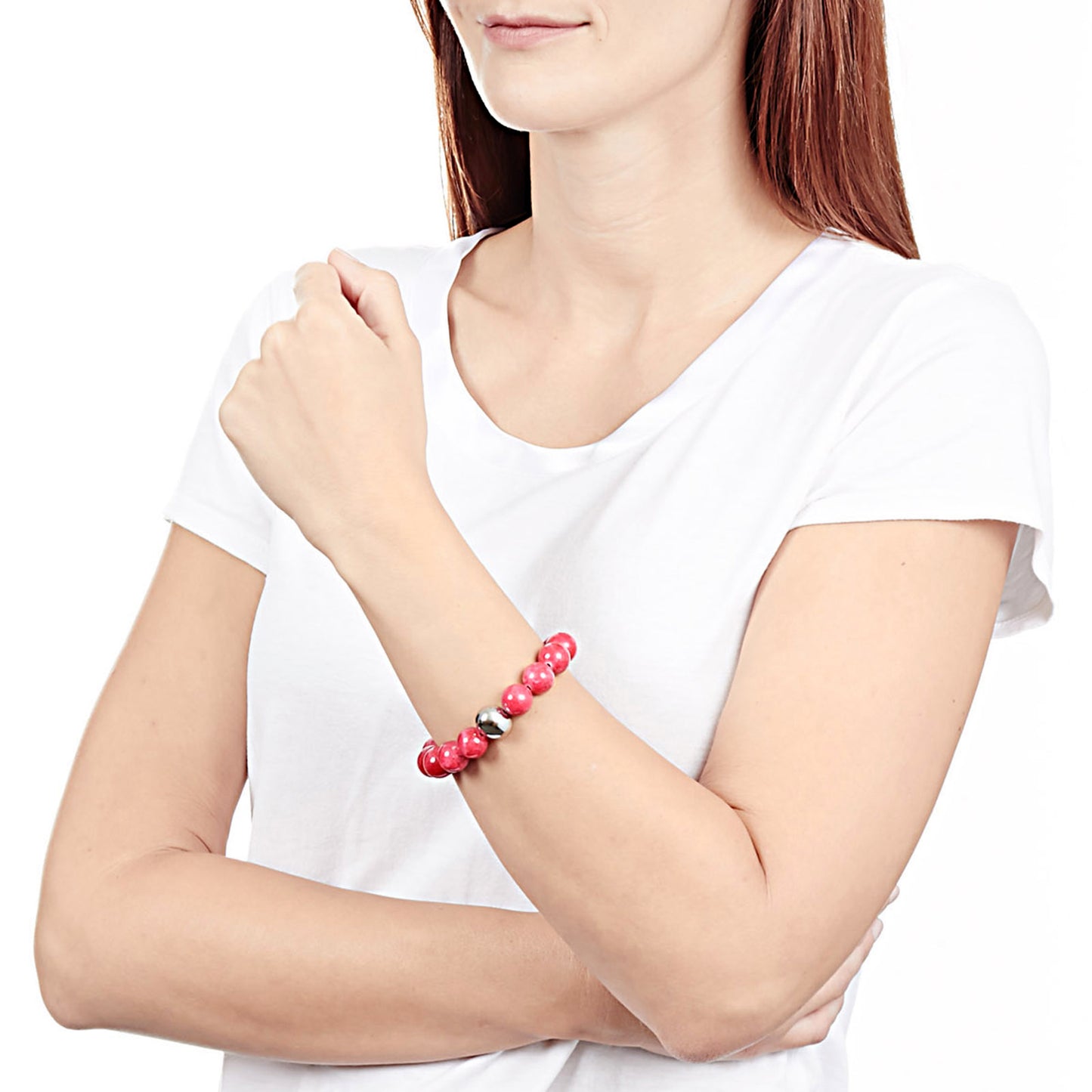 ELYA Colored Dyed Jade and Stainless Steel Bead Stretch Bracelet (12mm)