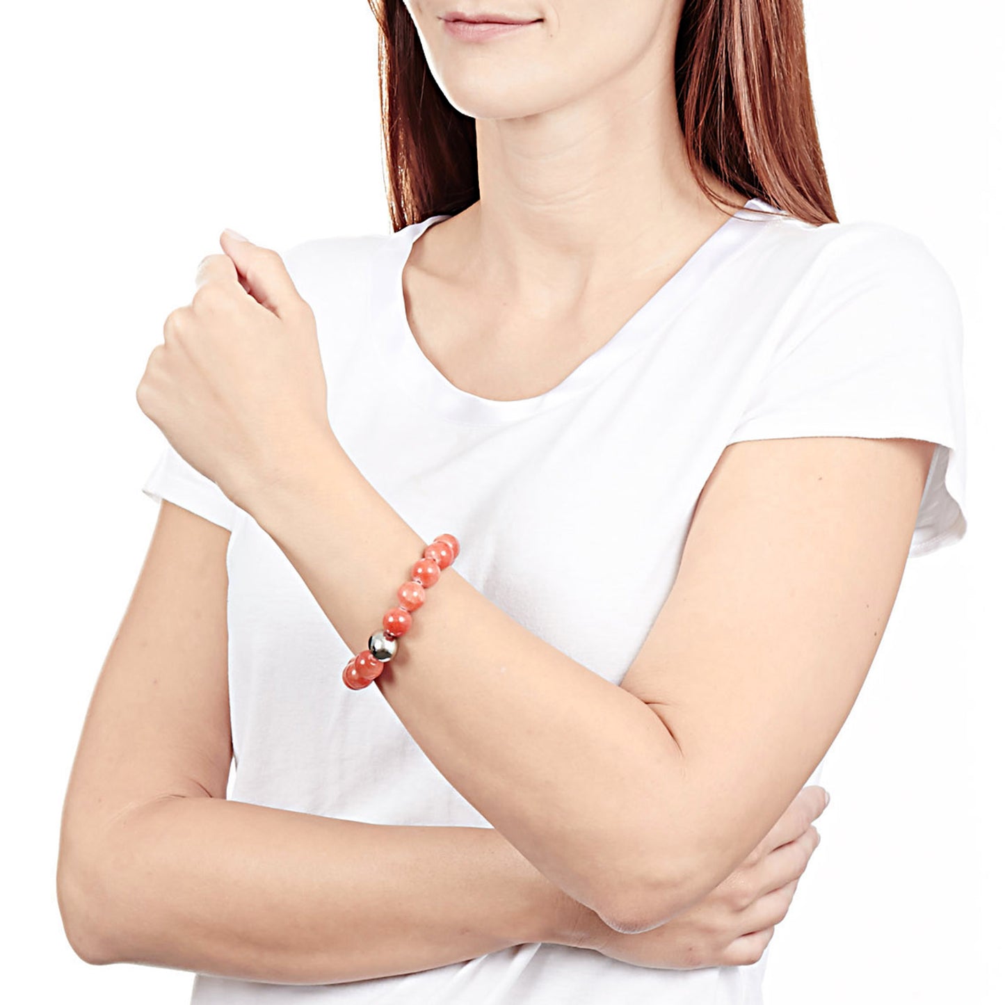 ELYA Colored Dyed Jade and Stainless Steel Bead Stretch Bracelet (12mm)