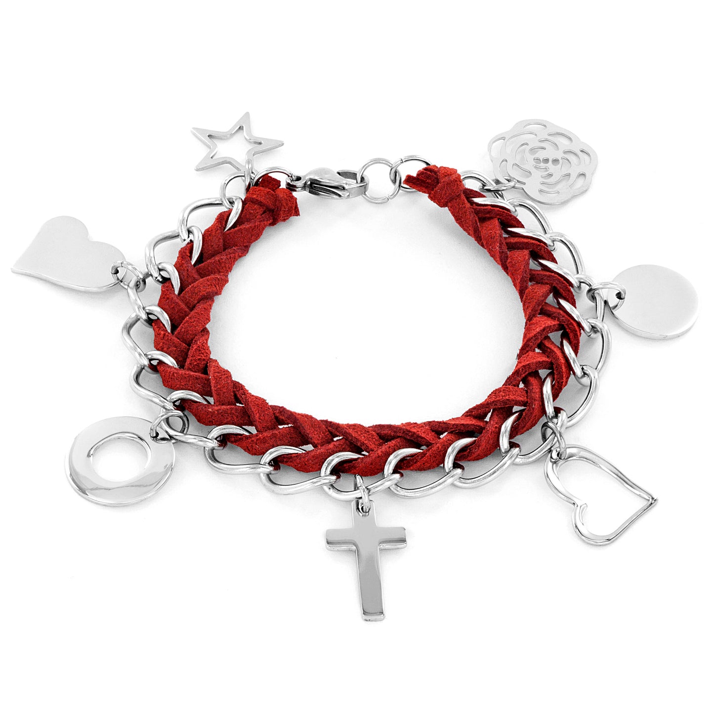 ELYA Love and Faith Charms Red Woven Leather Stainless Steel Bracelet (14 mm) - 7.5"