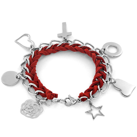 ELYA Faith and Love Charms Woven Leather Steel Bracelet - 7.5"