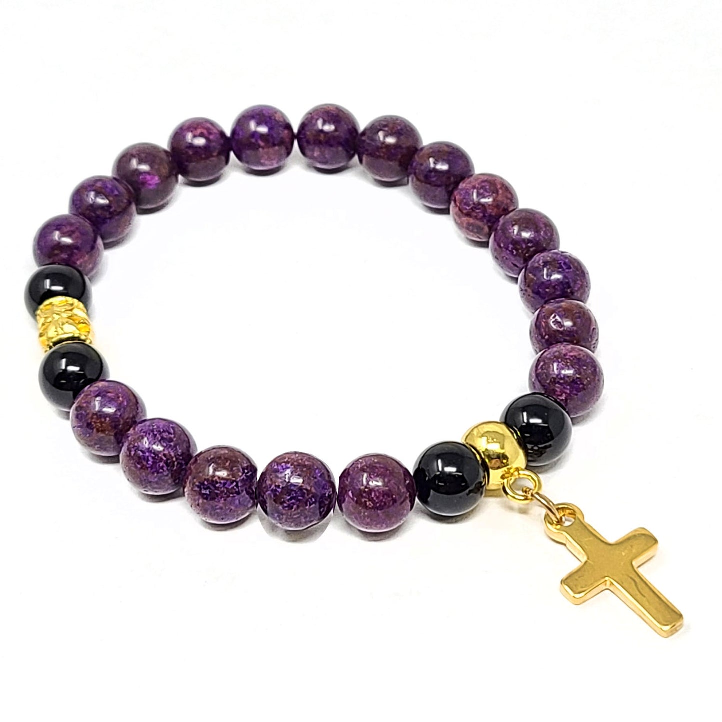 Women's Dangling Cross Charm Natural Agate Stone Bead Stretch Bracelet
