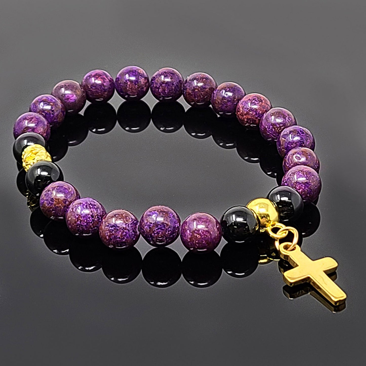 Women's Dangling Cross Charm Natural Agate Stone Bead Stretch Bracelet
