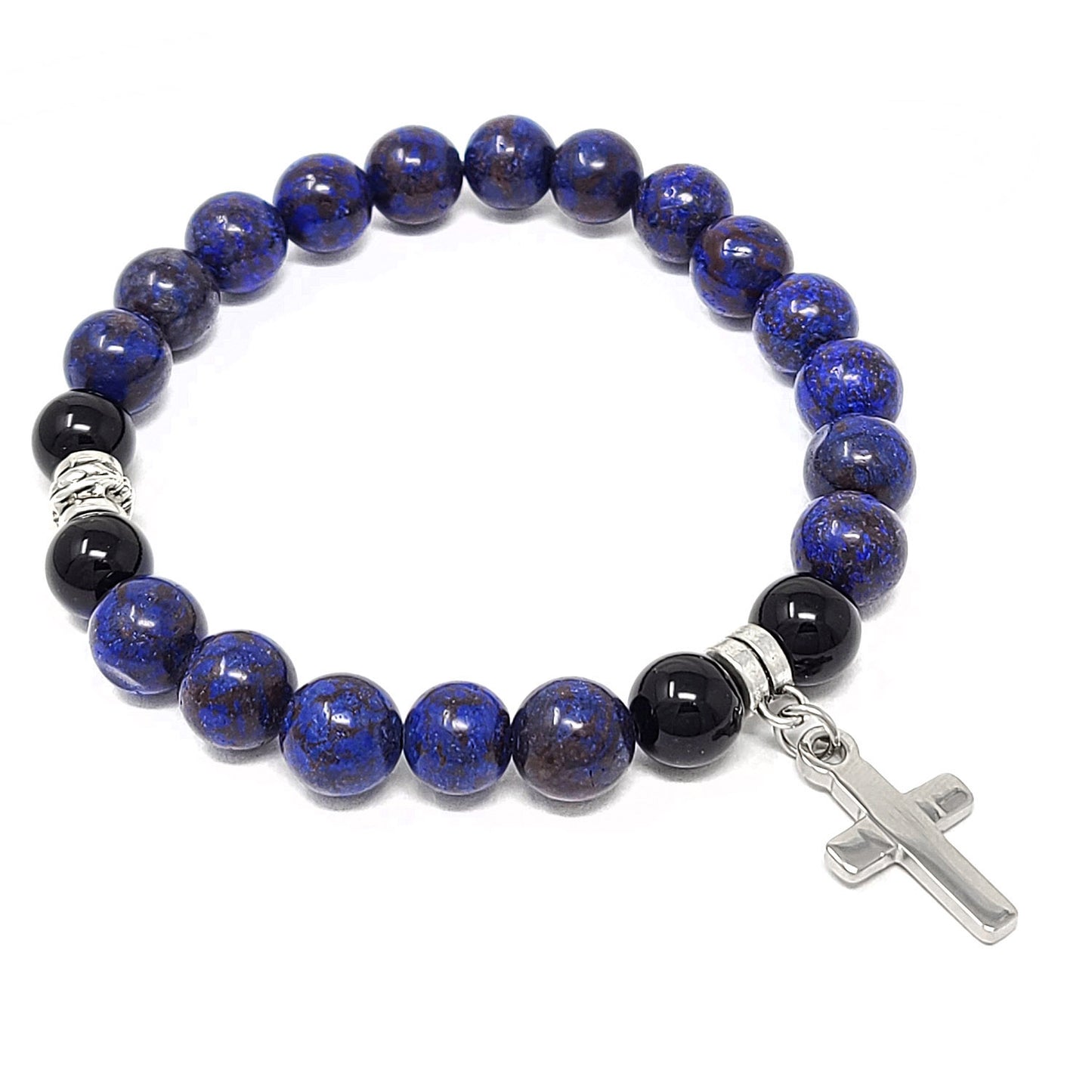 Women's Dangling Cross Charm Natural Agate Stone Bead Stretch Bracelet