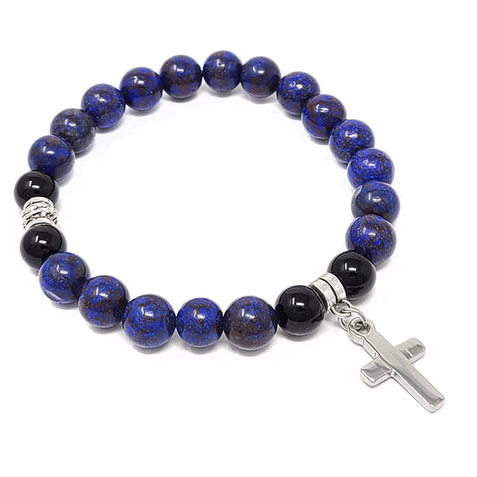 Women's Dangling Cross Charm Natural Agate Stone Bead Stretch Bracelet