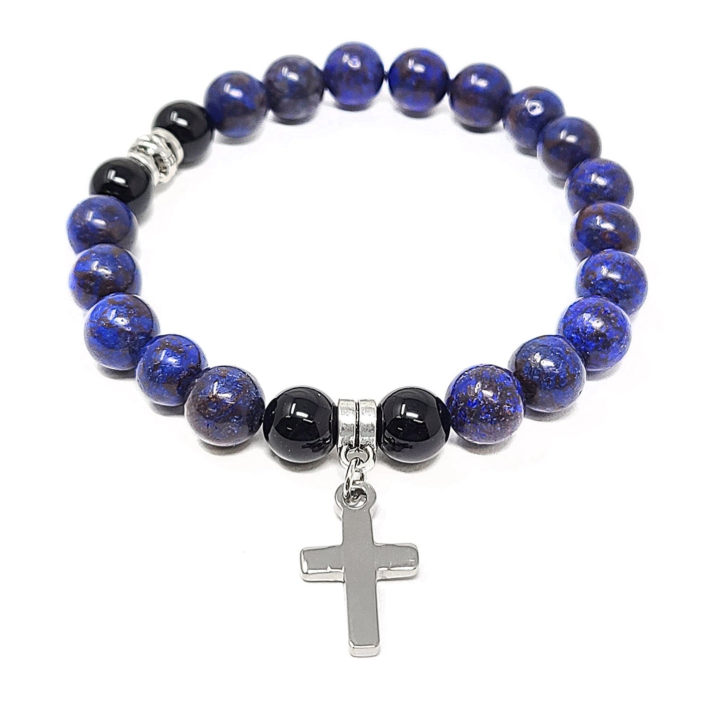 Women's Dangling Cross Charm Natural Agate Stone Bead Stretch Bracelet